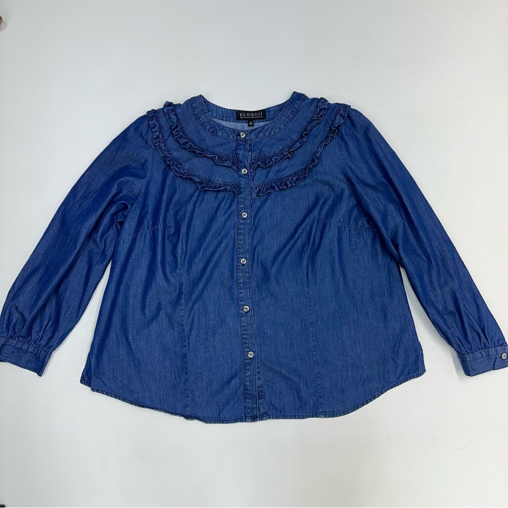 Eloquii Denim Ruffle Chest Long Sleeve Button Down Blouse Womens Size 16